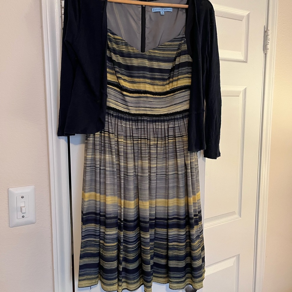 ANTONIO MELANI Striped Midi Dress with Jacket - Navy, Gray, Yellow